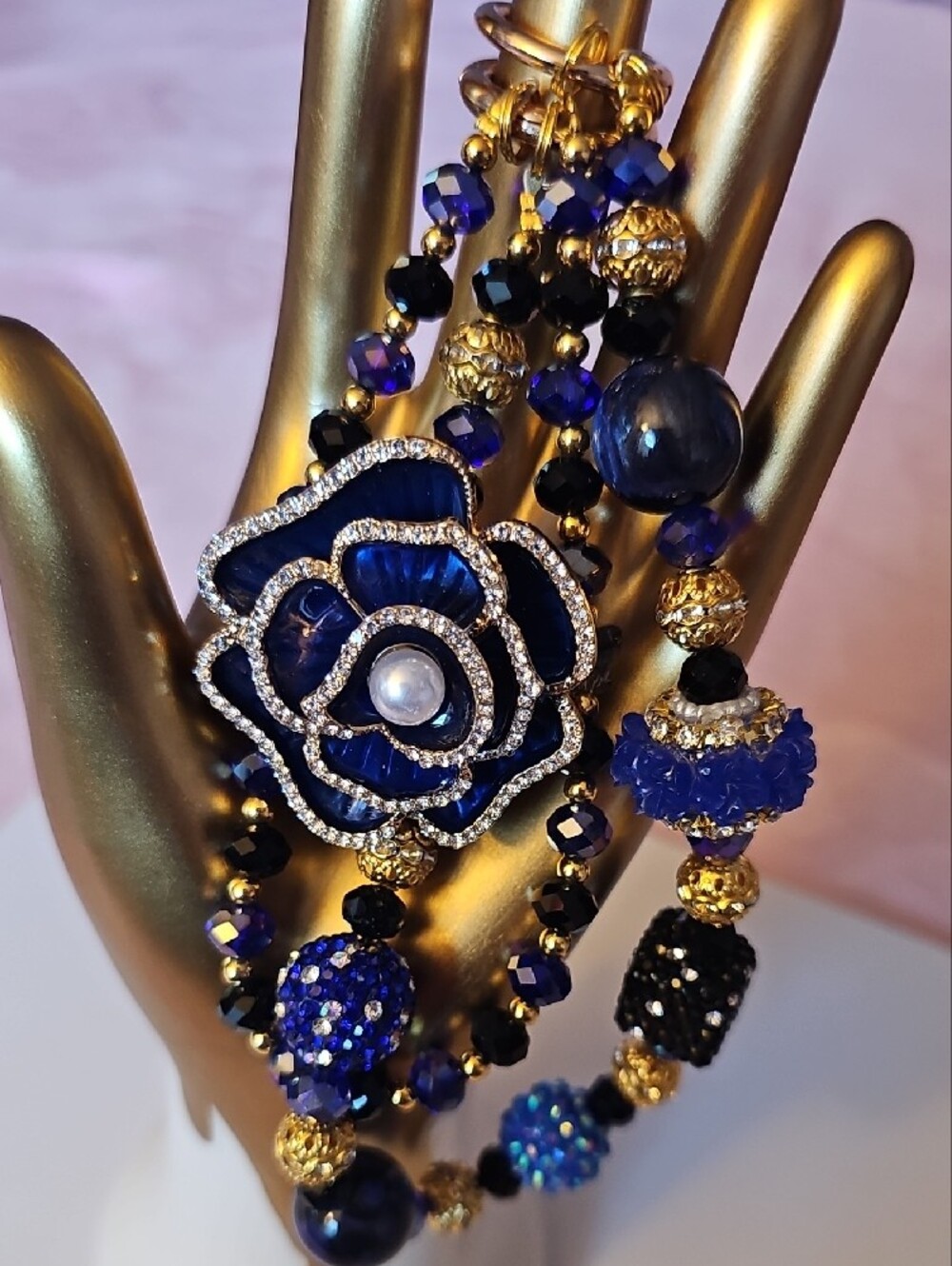 CHARMS: Elegant Blue Flower Pendant Charm with Pearl Accent - Picture 3 of 4